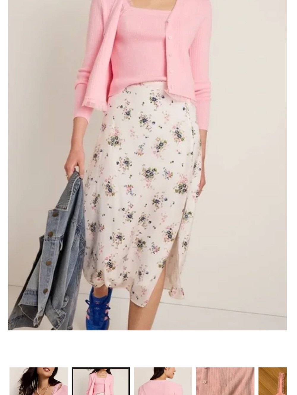 Francesca's Collections White Floral Midi Slip Skirt with Pink and Green Accents